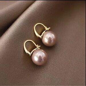 -🥂Pink Champagne Pearl Ball Goldtone Lever-Back Drop Earrings